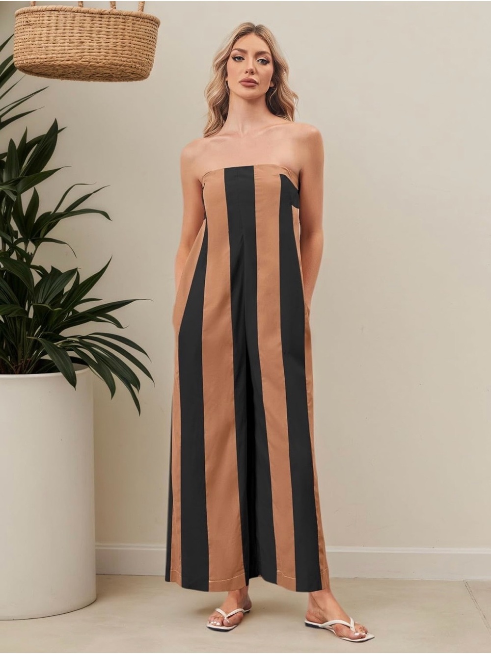 Strapless Wide-Leg Colorblocked Jumpsuit - Black & Tan